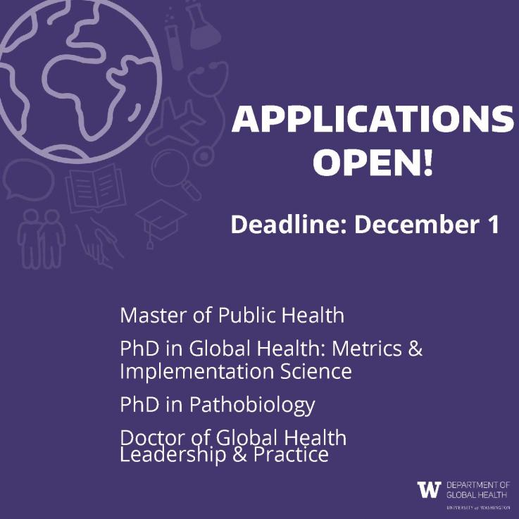 Graphic with purple background and image of a globe and the text: Applications Open. Deadline December 1. List of graduate degree programs.