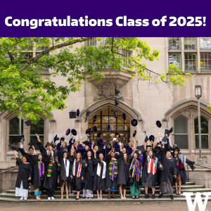 Group shot of the DGH Graduates wearing graduation gowns and throwing their hats up into the air, while standing on the steps of an ornate UW buidling.
