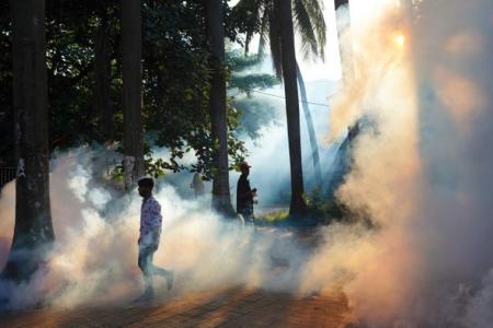 People walking after a worker sprays pesticide to kill mosquitoes at a public park. The recent spike in dengue cases has added to the worries as the country continues to struggle with the devastating second wave of the Covid-19 pandemic. Credit: Sultan Ma